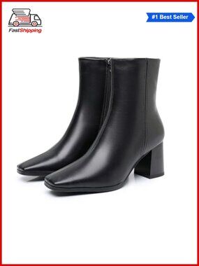Women's Ankle Boots Square Toe Chunky Block Heel Low Heeled Booties Side Zipper